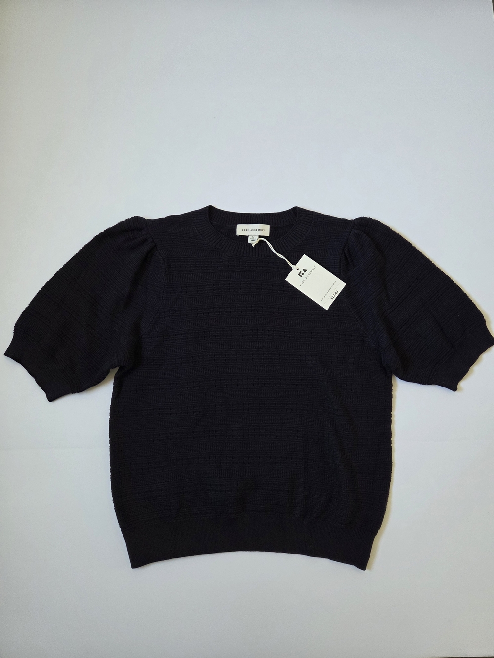 Free Assembly Dark Navy Textured Puff Shoulder Knit Sweater Tee M